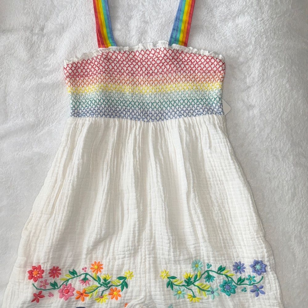 Rainbow Strap White Romper with Floral Embroidery
